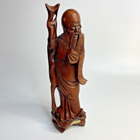 Vintage Wooden Carving of Sau Feng Shui God of Longevity Hand Carved Taiwan